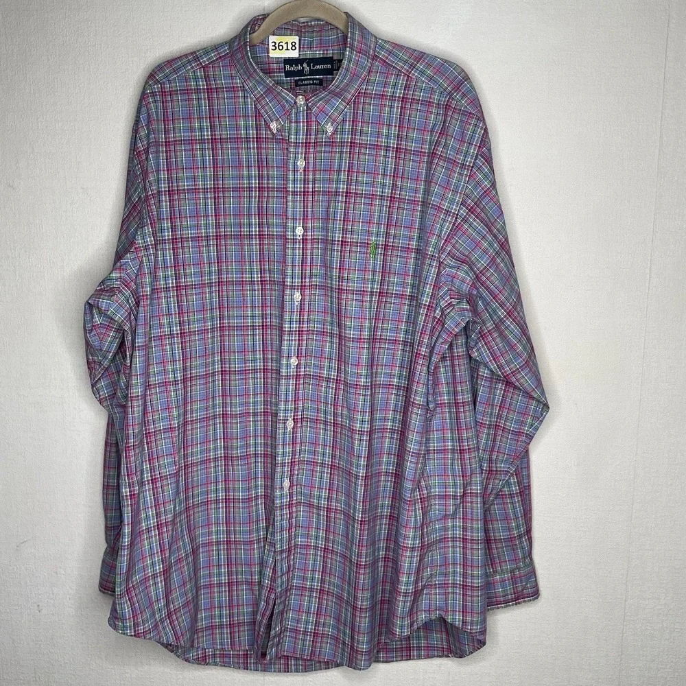 Polo Ralph Lauren Shirt Men XL  17 1/2Long Sleeve‎ Green Pink Plaid Button Down